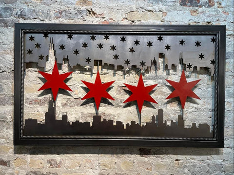 27x46" Split Chicago Skyline with Red Stars in Frame