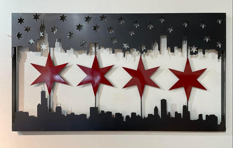 24x43" Split Chicago Skyline with Red Stars boxed