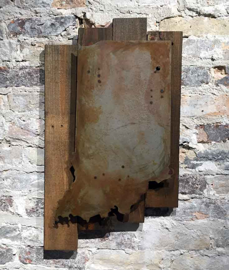 Fort Wayne, Indiana - Rustic steel cutout raised off reclaimed wood backing - Arc Academy